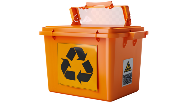 Orange recycling bin, side view 3d rendered, isolated on transparent background