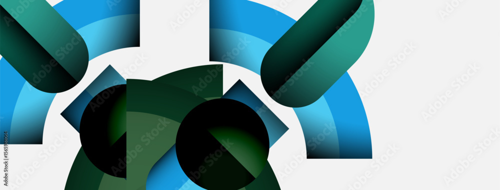 Aufkleber abstract shapes overlap, creating dynamic composition. blue, green hues dominate white background. m