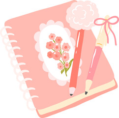 Pastel Notebook and Pens Clipart PNG, Cute Kawaii Stationery Illustration, Pink School Supplies Set, Girly Study Decor Graphic

