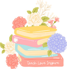 Teach Love Inspire Book Stack PNG, Floral Teacher Clipart, Cute Pastel Books and Flowers Illustration, Kawaii School Graphic Art

