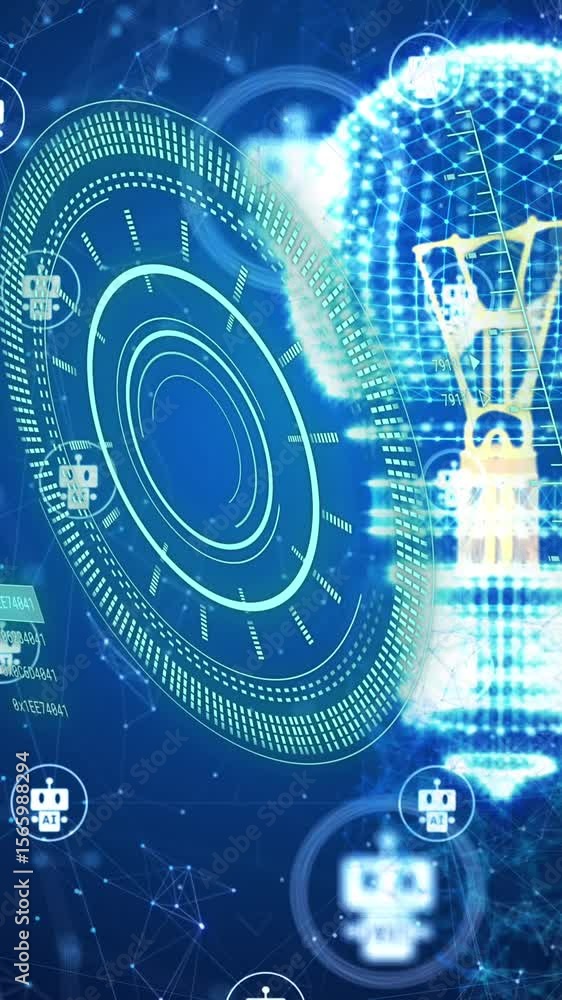 Poster animation of light bulb, connections with chat bot icons and data processing