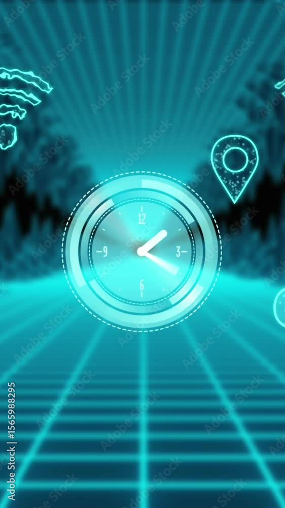 Poster animation of cloud and wifi icons with clock and data processing over metaverse