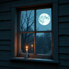 Candlelit window scene, atmospheric mood, showcasing a candle with a full moon outside, copy space