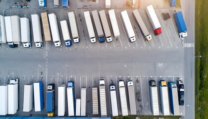 Bird’s-eye view of a truck fleet in a logistics company parking lot. Digital GPS overlays show route tracking and fleet organization from a top-down interface perspective.