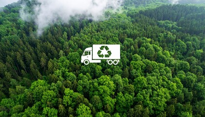 Green logistic or Sustainable transport concept. Eco-friendly delivery truck with recycle sign against lush green forest backdrop aerial view