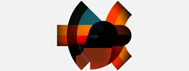 Abstract geometric composition. Overlapping colorful arcs create dynamic central form on white background. Modern design elements present.