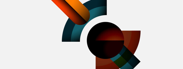 Abstract geometric shapes overlap, creating dynamic composition. Colors include orange, teal, maroon, black, white. Minimalist design.