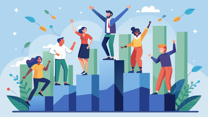 Team celebrating success on a bar graph illustration