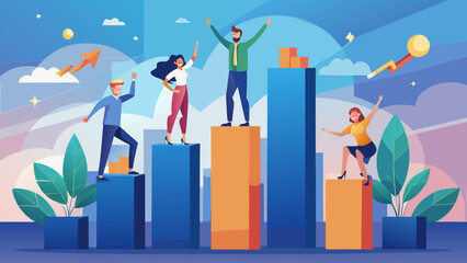 Obraz premium People celebrating success on ascending bar graph steps