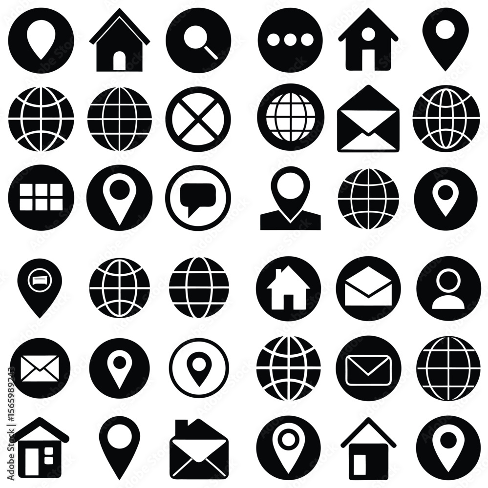Poster minimalist grid of black and white communication icons with circular borders.