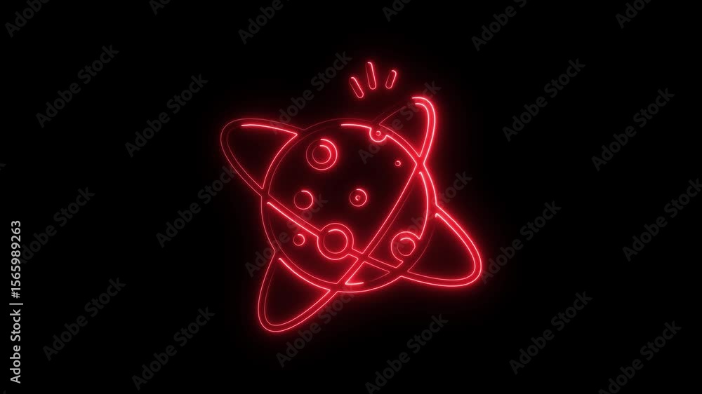 Poster glowing neon planet icon animation red outline on black background abstract futuristic design for