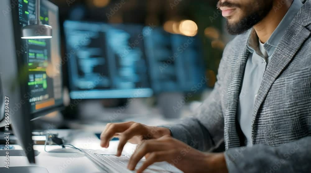 Poster focused programmer coding at a computer in a modern office at night