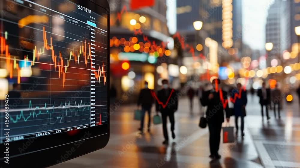 Aufkleber monitor displaying a stock market graph with red lines against a blurred cityscape with pedestrians.