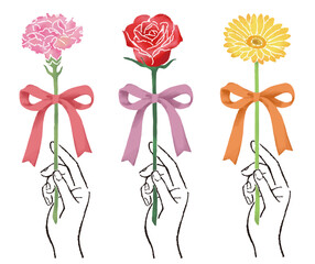 リボンがついたカラフルな一輪の花を持つ手のイラスト