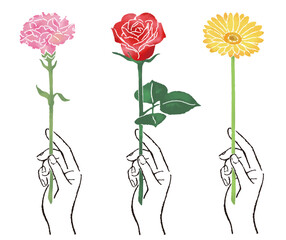 カラフルな一輪の花を持つ手のイラスト