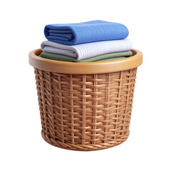 Laundry basket filled with colorful clothes and fabric folds isolated on white background