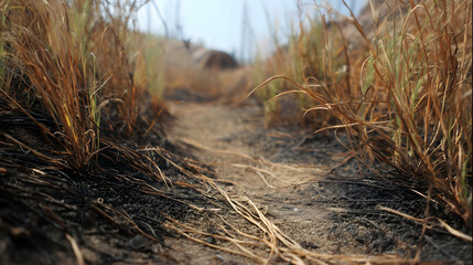 Fototapeta premium Close-up of a dry dirt path surrounded by scorched and withered grass, showing signs of recent fire damage in a natural, arid landscape