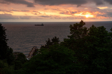 sunset over the sea  with ship