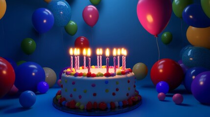Colorful birthday cake with lit candles and balloons on blue background for celebration or party decor




