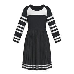 Elegant black and white contrast pleated fitted dress with long sleeves and structured silhouette isolated on white background