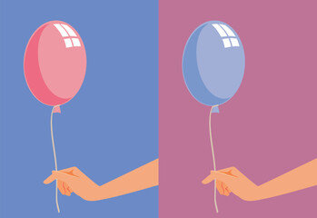 Gender Reveal with Pink and Blue Balloons Vector Card Design. Mom welcoming a baby boy or a baby girl making an announcement