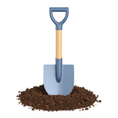 Metal shovel partially buried in loose brown dirt with wooden handle isolated on white background