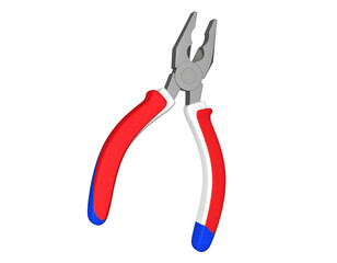 Steel plier with red rubber grip handles and pointed jaws isolated on white background
