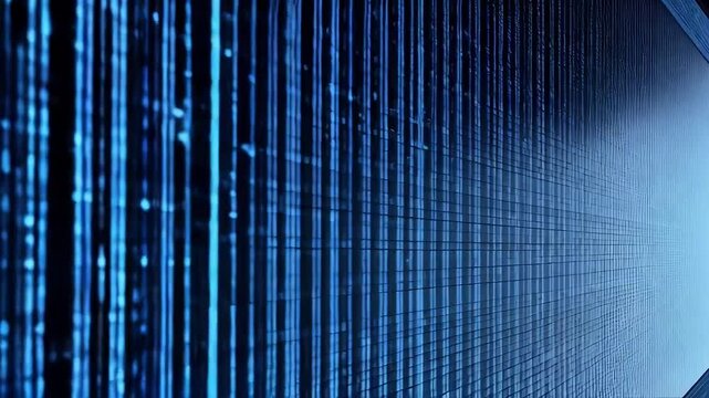 Binary code streams down a dark digital background