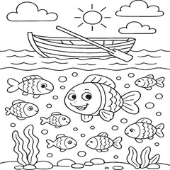 Naklejka premium Cute Cartoon Fish and Boat Coloring Page for Kids – Underwater Adventure Illustration