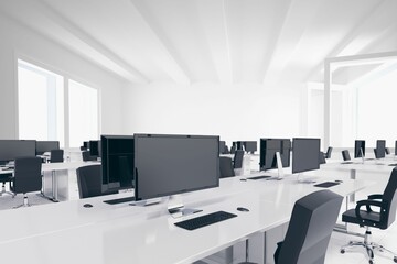 Row of desks with monitors, chairs, keyboards is being shown in flat design open-plan office space