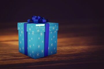 Blue gift box with snowflake-print is sitting on wooden tabletop in 3D render with dark-blue ribbon