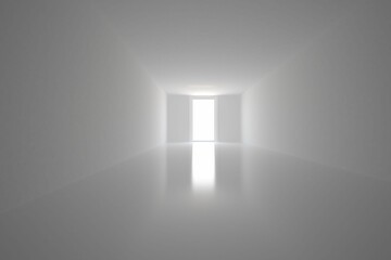 Minimalist flat design interior corridor is showing bright doorway reflecting light on glossy floor
