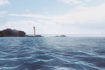 Flat design seascape is showing white lighthouse standing on rocky outcrop with rolling ocean waves