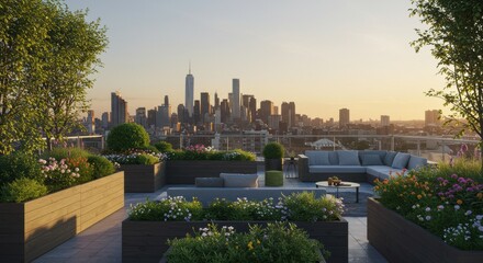 Fototapeta premium Rooftop garden with city skyline view featuring flowers plants and outdoor seating area at sunset light