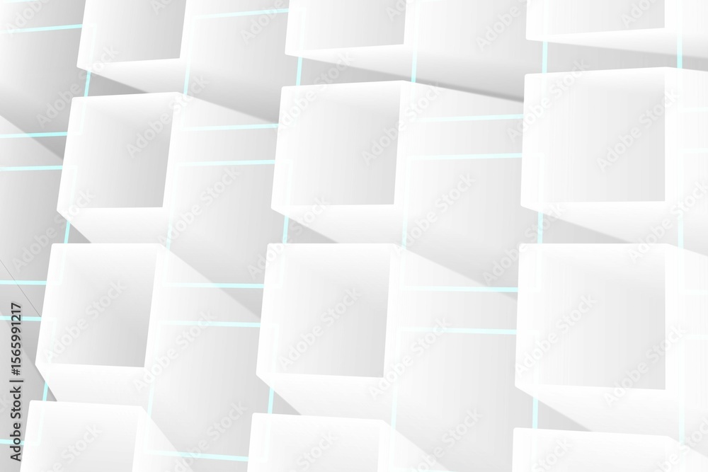 Poster 3d abstract design is showing white hollow cubes forming grid with thin blue lines casting shadows