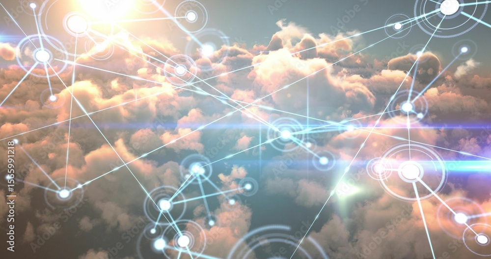 Poster composite image of interface connecting lines over orange clouds