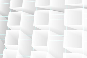 3D abstract design is showing white hollow cubes forming grid with thin blue lines casting shadows