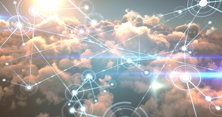 Composite image of interface connecting lines over orange clouds