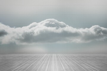White cloud mural is floating across gray brick wall over light-gray plank floor in flat design