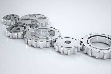 Six silver gears are aligning diagonally with varying diameters in 3D render on light-gray surface