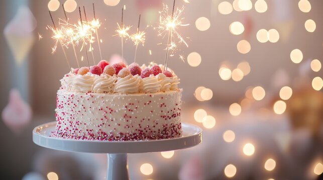 Festive birthday cake on stand decorated with colorful candies and lit sparklers, glowing against warm bokeh light background




 - Powered by Adobe