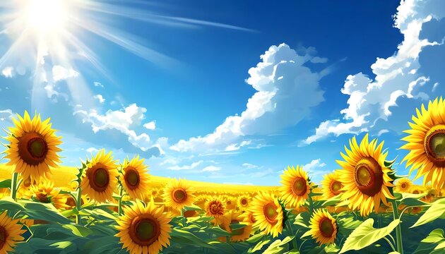 Sunflower field under blue sky aesthetic wallpaper background landscape summer nature sunny day illustration