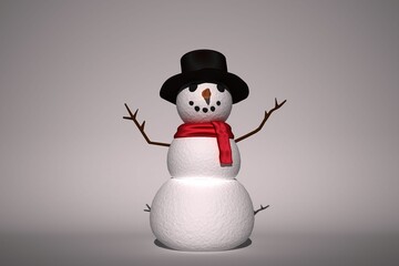 Snowman is standing on surface in 3D render with top hat, red scarf and carrot nose