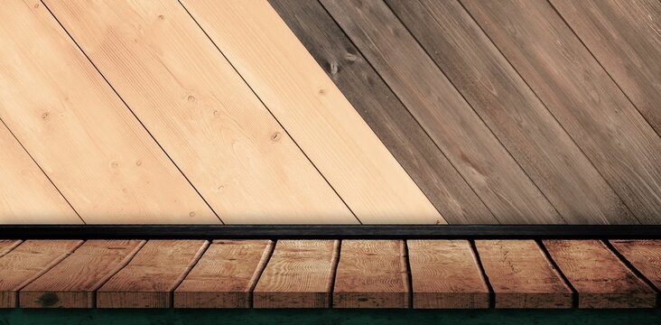 Fototapeta Rustic wooden tabletop surface is resting in flat design studio scene, with two-tone plank wall