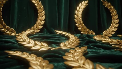 laurel wreaths - Golden laurel wreaths elegantly arranged on a rich green velvet backdrop, creating a luxurious atmosphere, ideal for awards or celebration themes