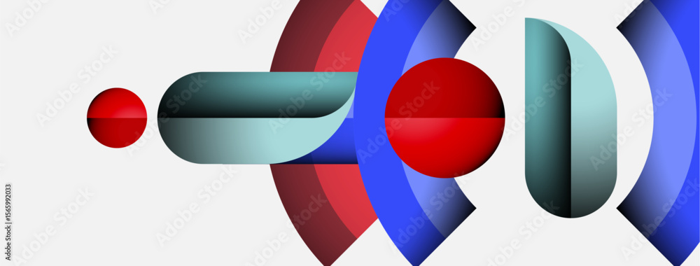 Poster abstract geometric shapes, red, blue, gray. circular forms intersect, creating dynamic visual compos