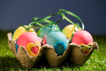 Decorated Easter eggs in crate