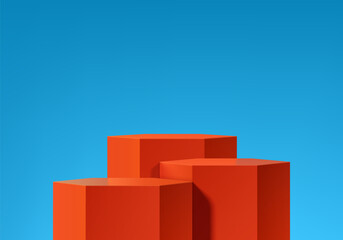 3D orange hexagon podium background with blue sky scene in summer concept. Minimalist mockup pedestal, Abstract cosmetic stand product display presentation, Stage for showcase. Platforms vector design