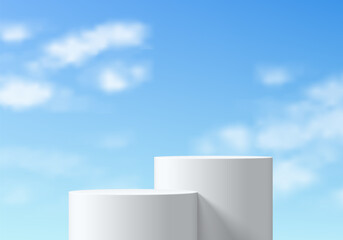 Realistic white 3D round podium set background with blue sky, White cloud scene. Minimalist mockup pedestal, Abstract product display presentation, Stage showcase. Platforms vector geometric design.