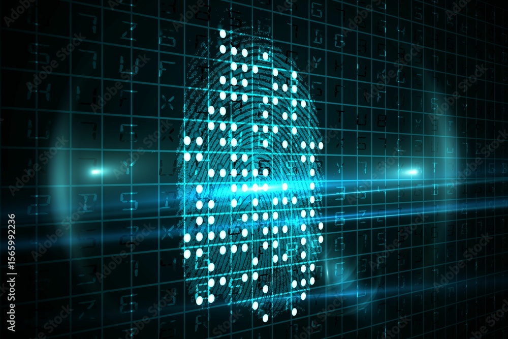 Aufkleber glowing cyan fingerprint is floating over digital grid interface with data points and scanning beam